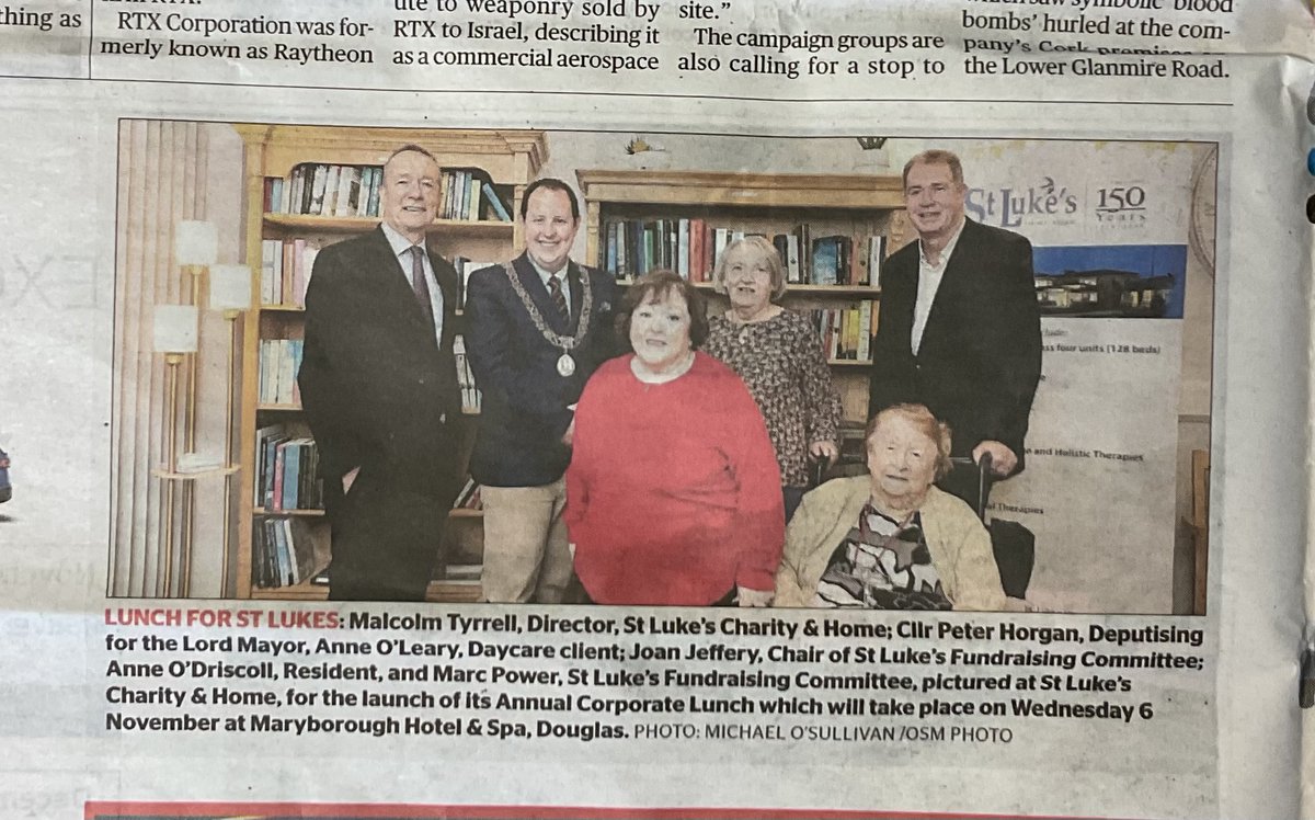St Luke’s Charity & Home Cork (@stlukeshome) on Twitter photo Great to see the launch of our Annual Corporate Lunch with guest speaker <a href="/simoncoveney/">Simon Coveney</a> featuring in the media - thank you <a href="/corkindo/">Cork Independent</a>.
And thank you <a href="/horganp/">Cllr Peter Horgan</a> for your support 🙏
Corporate Lunch - Wed 6 Nov at <a href="/TheMaryborough/">MaryboroughHotel&Spa</a> - last few tickets available - contact 021-435 9444 Great to see the launch of our Annual Corporate Lunch with guest speaker <a href="/simoncoveney/">Simon Coveney</a> featuring in the media - thank you <a href="/corkindo/">Cork Independent</a>.
And thank you <a href="/horganp/">Cllr Peter Horgan</a> for your support 🙏
Corporate Lunch - Wed 6 Nov at <a href="/TheMaryborough/">MaryboroughHotel&Spa</a> - last few tickets available - contact 021-435 9444