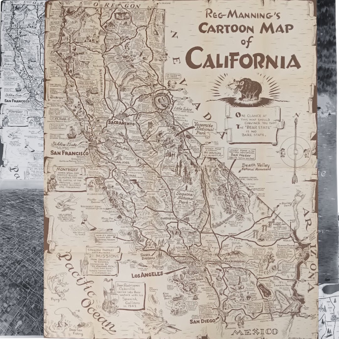 mapmapnmap's tweet image. 🌍 Dive into the past with these vintage maps! Each one tells a unique story: California in 1939 by Reg Manning, New England in the 1950s, Chicagoland’s panoramic view, and Big Bear Lake in 1963. Perfect gift idea for travel, geography, and vintage lovers! 🗺️