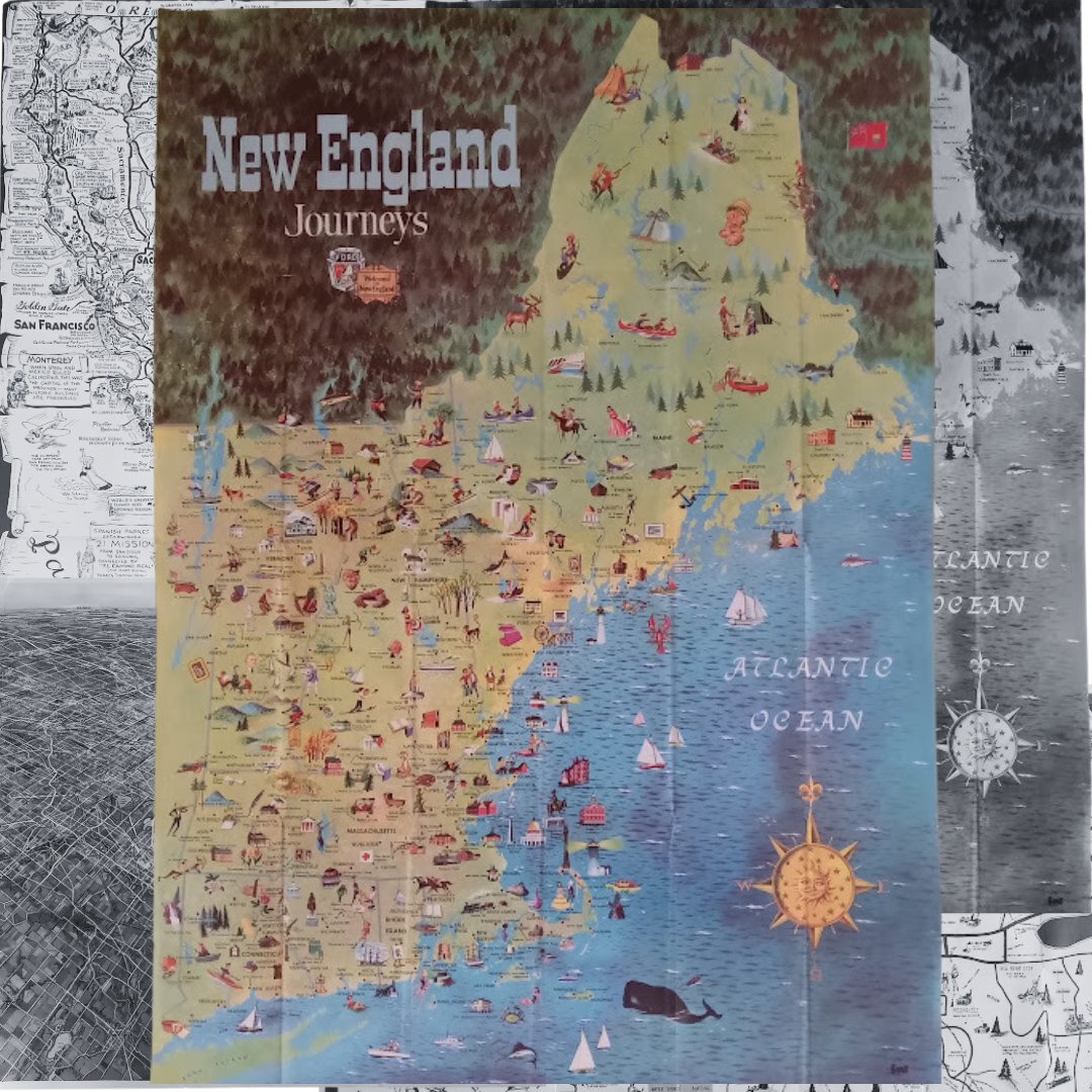 mapmapnmap's tweet image. 🌍 Dive into the past with these vintage maps! Each one tells a unique story: California in 1939 by Reg Manning, New England in the 1950s, Chicagoland’s panoramic view, and Big Bear Lake in 1963. Perfect gift idea for travel, geography, and vintage lovers! 🗺️