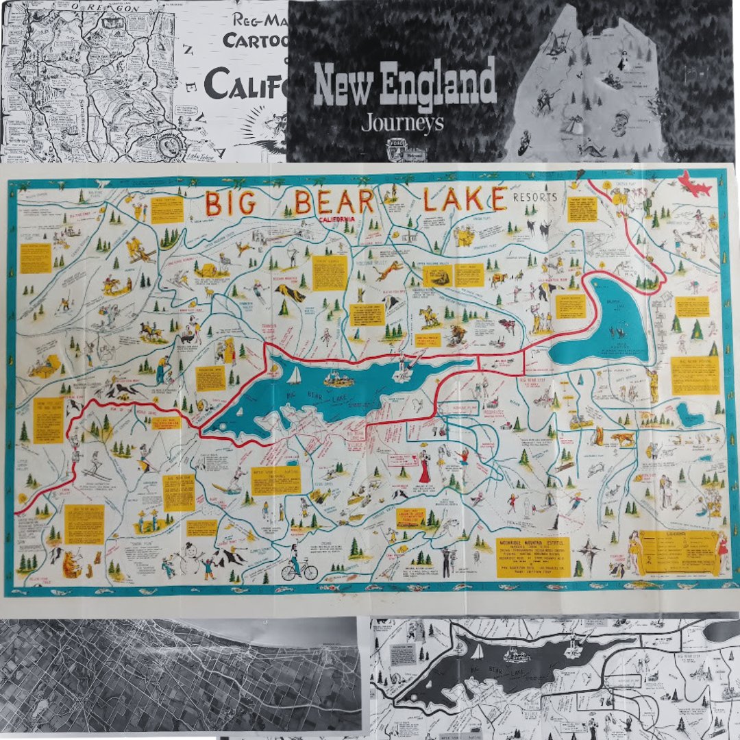 mapmapnmap's tweet image. 🌍 Dive into the past with these vintage maps! Each one tells a unique story: California in 1939 by Reg Manning, New England in the 1950s, Chicagoland’s panoramic view, and Big Bear Lake in 1963. Perfect gift idea for travel, geography, and vintage lovers! 🗺️