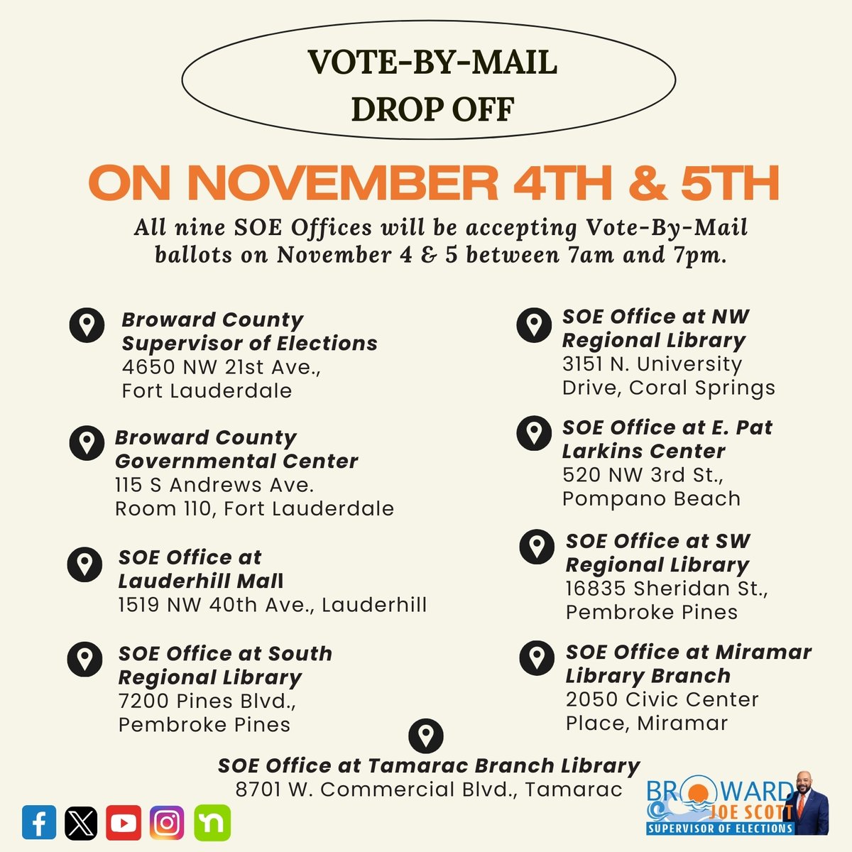#BrowardVoters It's not too late to drop off your Vote-By-Mail ballot! Head to one of these 9 secure locations to drop off your VBM on Monday, November 4th or Tuesday, November 5th between 7am and 7pm. #EveryVoteCounts 🗳️