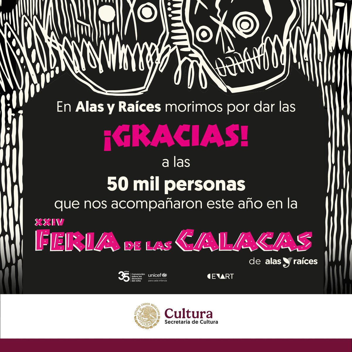 AlasyRaices's tweet photo. 🕯️ La #XXIVFeriaDeLasCalacas de Alas y Raíces llegó a su fin, pero quedó grabado en el corazón de toda la familia. 

¡Gracias por ser parte de esta tradición tan nuestra! 💀🌸

👧🏽👦🏻 ¡Nos vemos el próximo año para seguir celebrando juntos! 🤗🦴 https://t.co/Opgo2Phtqe