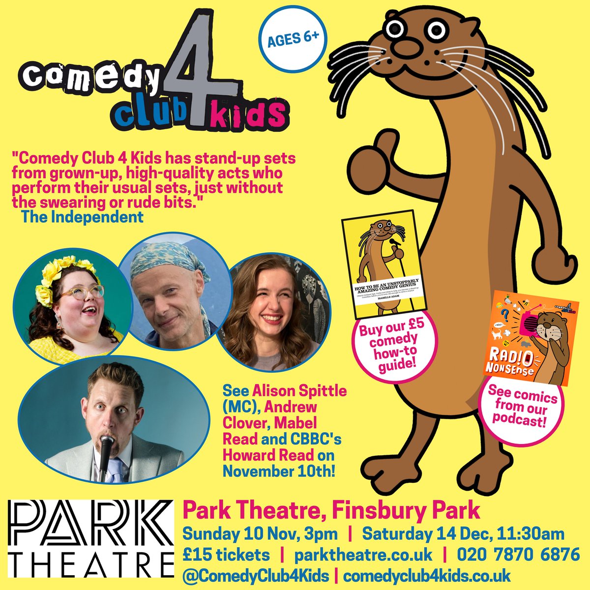 Comedy Club 4 Kids (@comedyclub4kids) on Twitter photo North London! Families in Finsbury Park & nearby! We're back at <a href="/ParkTheatre/">Park Theatre</a> on Sunday 10th November, with splendid stand-up & improvised storytelling & silly songs, courtesy of <a href="/AlisonSpittle/">Alison Spittle</a>, <a href="/AndrewClover/">Andrew Clover</a>, <a href="/SamsonMabel1/">Mabel Read Performer</a> and Howard Read! JOIN USSSSSS!
🎟️parktheatre.co.uk/event/comedy-c… North London! Families in Finsbury Park & nearby! We're back at <a href="/ParkTheatre/">Park Theatre</a> on Sunday 10th November, with splendid stand-up & improvised storytelling & silly songs, courtesy of <a href="/AlisonSpittle/">Alison Spittle</a>, <a href="/AndrewClover/">Andrew Clover</a>, <a href="/SamsonMabel1/">Mabel Read Performer</a> and Howard Read! JOIN USSSSSS!
🎟️parktheatre.co.uk/event/comedy-c…