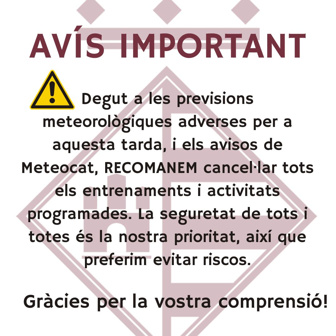 santperederibes's tweet photo. 📢 AVÍS IMPORTANT

Degut a les previsions meteorològiques adverses per aquesta tarda, i els avisos de Meteocat, RECOMANEM cancel·lar tots els entrenaments i activitats programades. La seguretat de tots és la nostra prioritat, així que preferim evitar riscos.

#SPRibes https://t.co/ku8gCyQovC