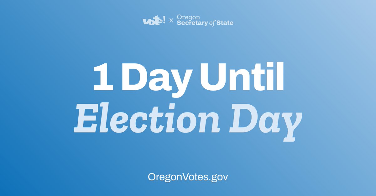 OregonElections's tweet photo. TOMORROW is your LAST DAY to turn in your ballot. Make sure to mail or drop your ballot by 8pm on November 5th! 

✅ Mail it. Make sure your ballot is collected by USPS and postmarked by Election Day. 
✅ Use an official drop site. https://t.co/cScIsGzPk3 https://t.co/YkIihxz1yj