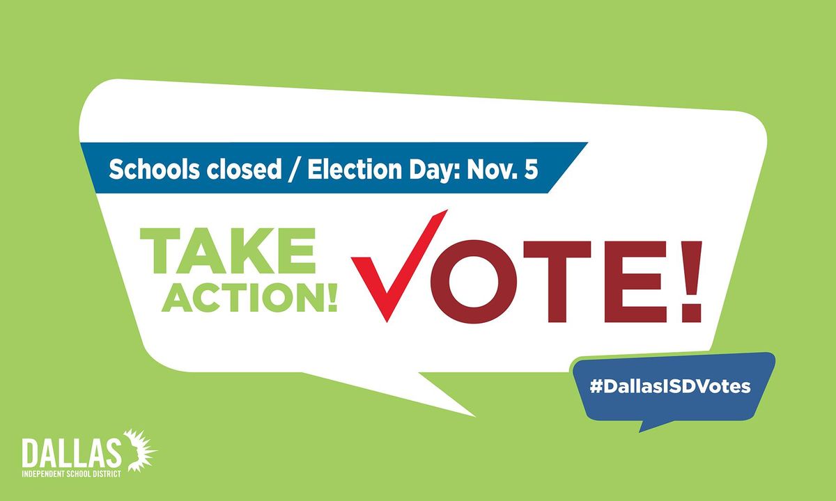 🇺🇸🗳️✏️ REMINDER! Campuses will be closed tomorrow, Tuesday, Nov. 5 for Election Day!

Read more- bit.ly/3YUey83 

#DallasISDVotes