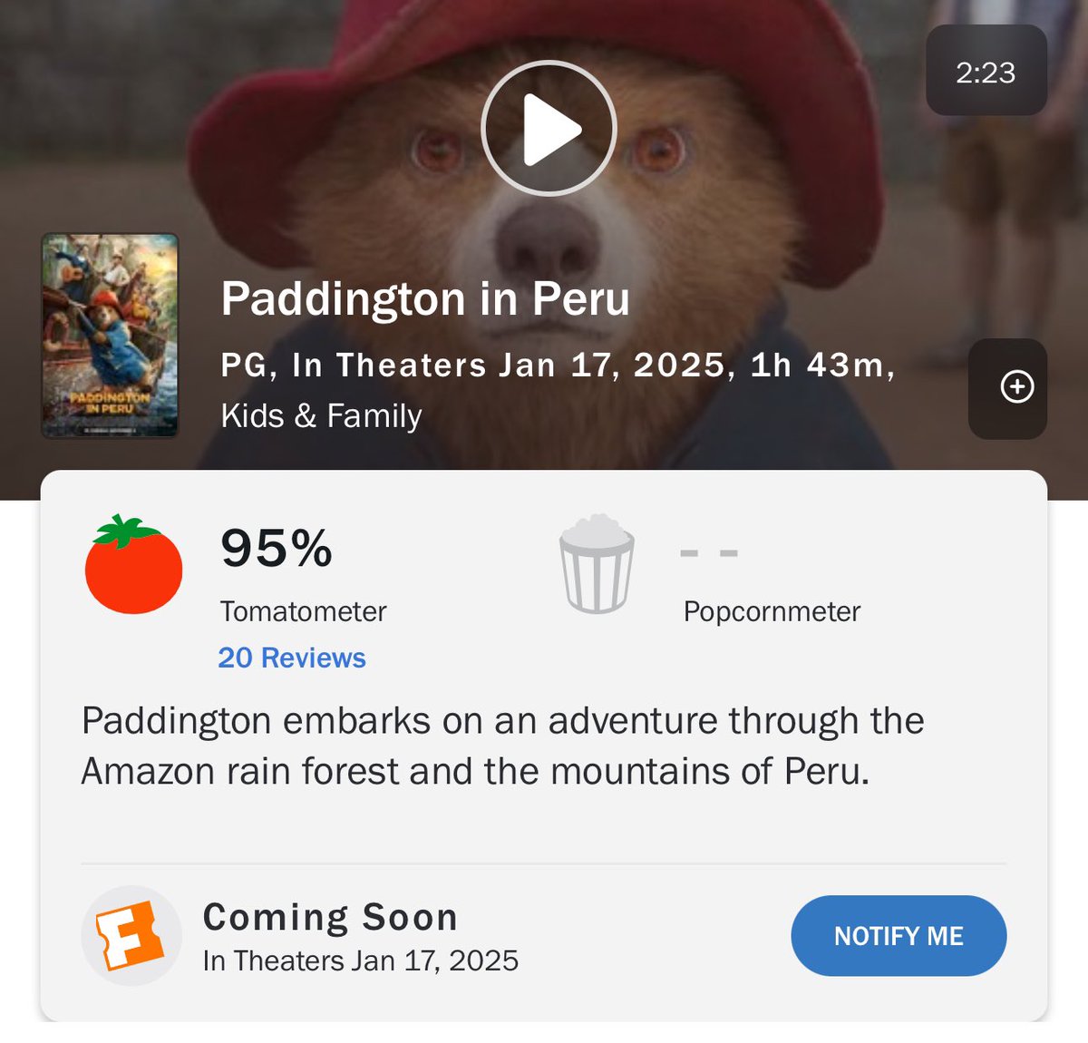 HollywoodHandle's tweet image. ‘PADDINGTON IN PERU’ debuts with a 95% score on Rotten Tomatoes 🍅 

The lowest score of the trilogy.

Read our review: bit.ly/Pad3THH