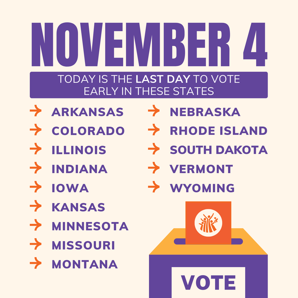 NationalPLTI's tweet photo. ⏰Early Voting Ends TODAY! ⏰ Attention, voters in Arkansas, Colorado, Illinois, Indiana, Iowa, Kansas, Minnesota, Missouri, Montana, Nebraska, Rhode Island, South Dakota, Vermont, and Wyoming today is the last day for early voting in your states! #TogetherWeLead https://t.co/Mhr3Jowpkh