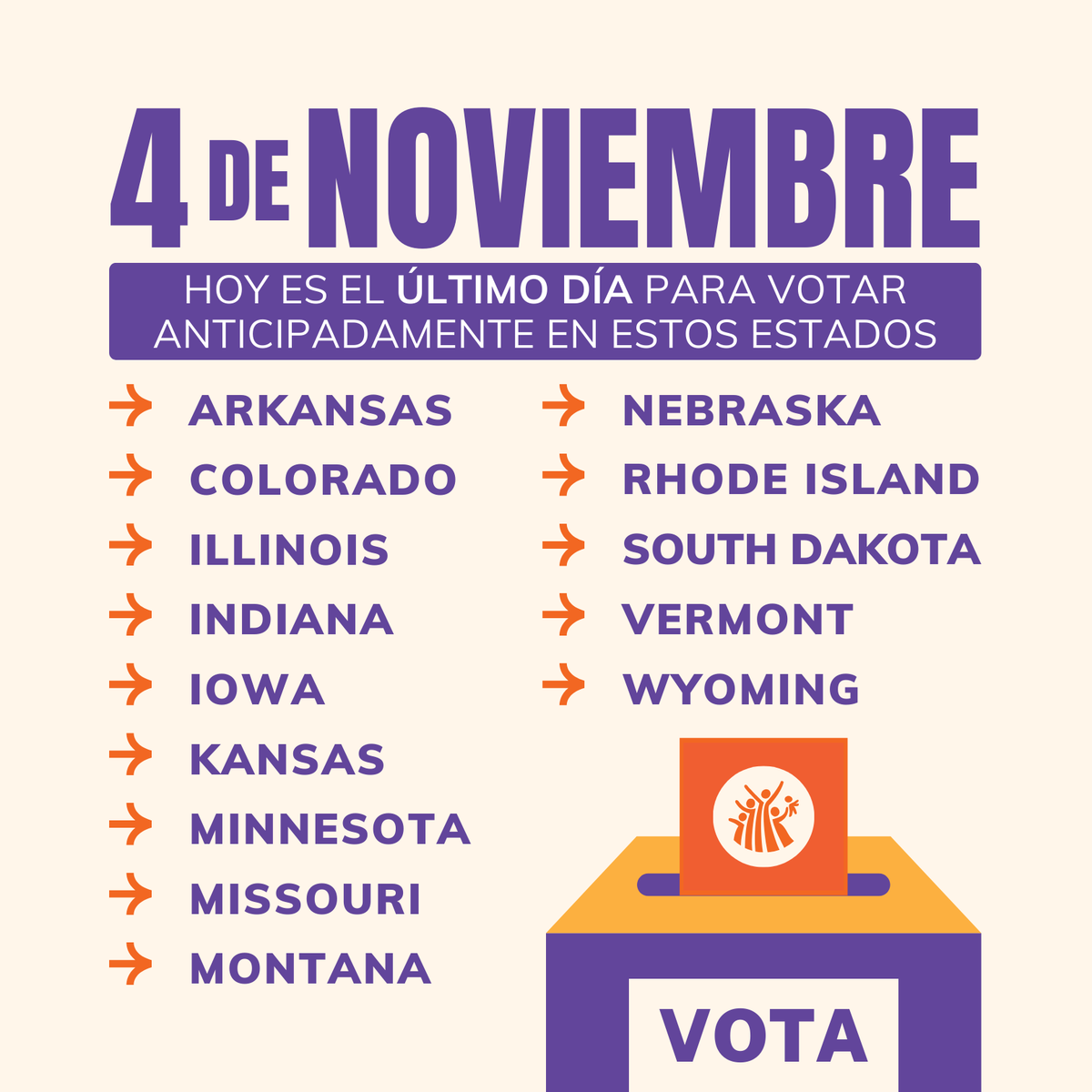 NationalPLTI's tweet photo. ⏰ ¡El voto anticipado termina HOY! ⏰ Atención, votantes de Arkansas, Colorado, Illinois, Indiana, Iowa, Kansas, Minnesota, Missouri, Montana, Nebraska, Rhode Island, Dakota del Sur, Vermont y Wyoming: ¡hoy es el último día de votación anticipada en sus estados! #JuntosLideramos https://t.co/5D1GFqd2EV