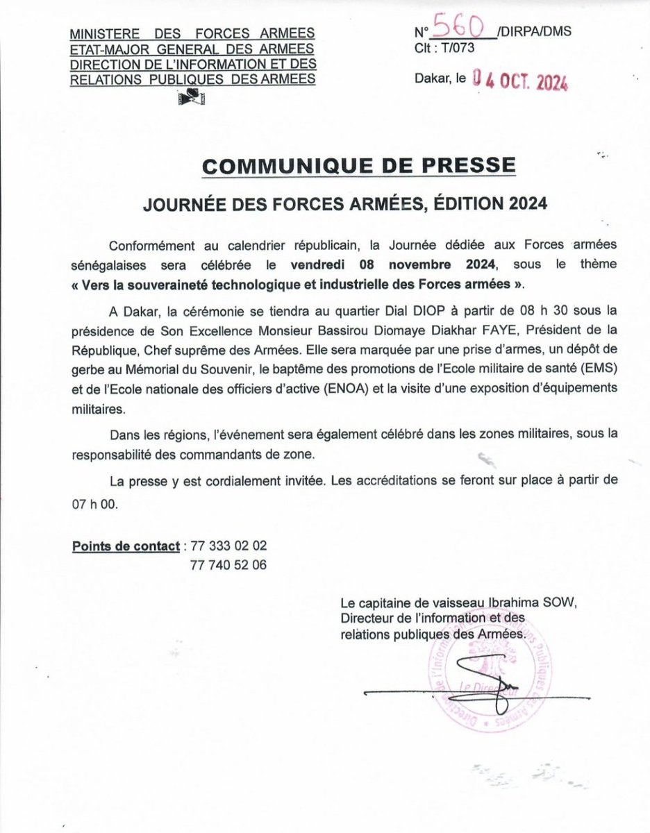 CHEFDIRPA's tweet photo. Communiqué relatif à la célébration de la Journée des Forces armées, le vendredi 8 novembre 2024 au camp DialDiop, à partir de 08h30, sous la présidence effective de son Excellence Monsieur le Président de la République. https://t.co/ZXlCKqG2UP
