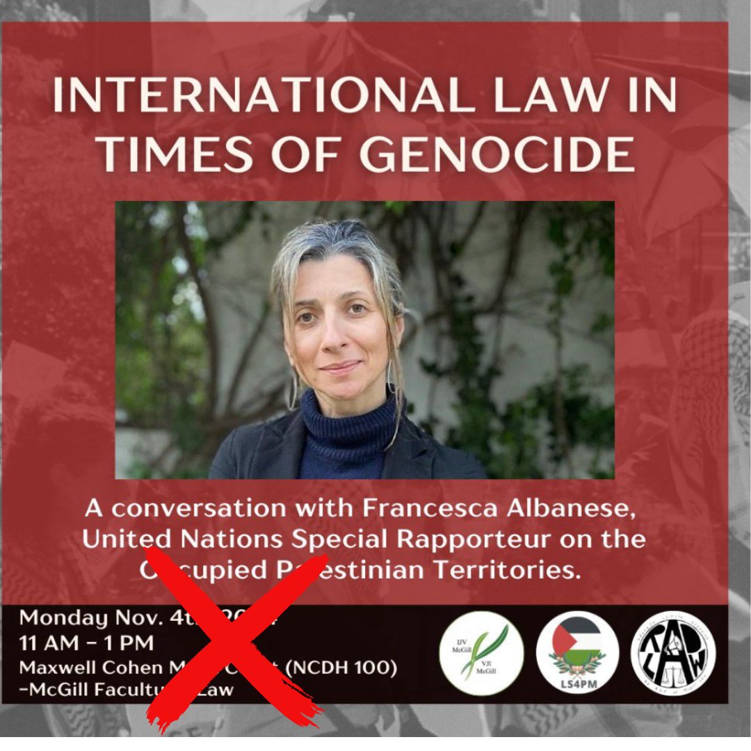 BREAKING: McGill Law School denied space today to Francesca Albanese. Last minute, the pro-Hamas students had to find a new spot. This follows our protest rally yesterday ⬇️ and legal action by students. Albanese promotes hate and terror, and should be welcome nowhere at McGill.