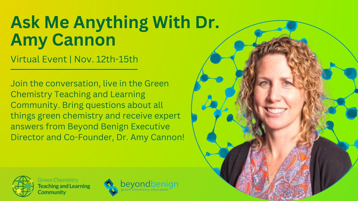 Beyond Benign (@beyondbenign) on Twitter photo 📅 Mark your calendars! Join #GCTLC Nov 12-15 for an AMA with Dr. <a href="/Amy_Cannon/">Amy Cannon</a>, Co-Founder of Beyond Benign! Ask her about #GreenChemistry, education & more. Not a member? Create your free profile today! buff.ly/3RL7tEu #GreenChemistryEducation 📅 Mark your calendars! Join #GCTLC Nov 12-15 for an AMA with Dr. <a href="/Amy_Cannon/">Amy Cannon</a>, Co-Founder of Beyond Benign! Ask her about #GreenChemistry, education & more. Not a member? Create your free profile today! buff.ly/3RL7tEu #GreenChemistryEducation