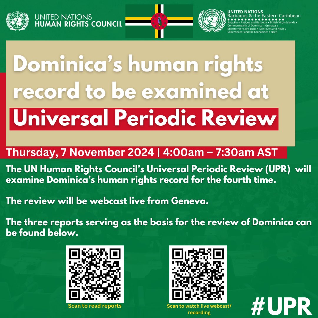 UNBdosandOECS's tweet photo. This Thursday, #Dominica’s human rights record will be examined for the fourth time at the UN Human Rights Council’s #UPR.  Since 2008, all 193 UN Member States have undergone this peer review, providing updates on the progress they've made on previous recommendations✨🌍 https://t.co/8oIblUzEaA