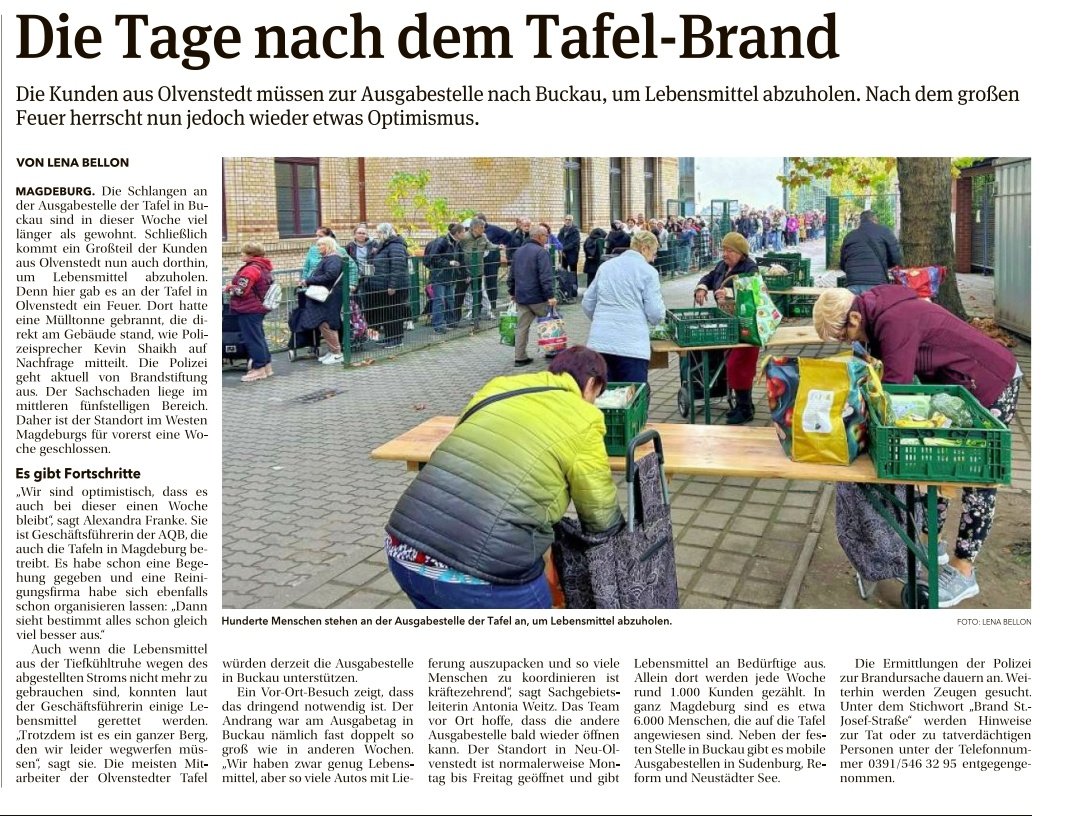 Ein Update zum Brand bei der Tafel in #Magdeburg, dokumentiert von der <a href="/Volksstimme/">Volksstimme</a>.