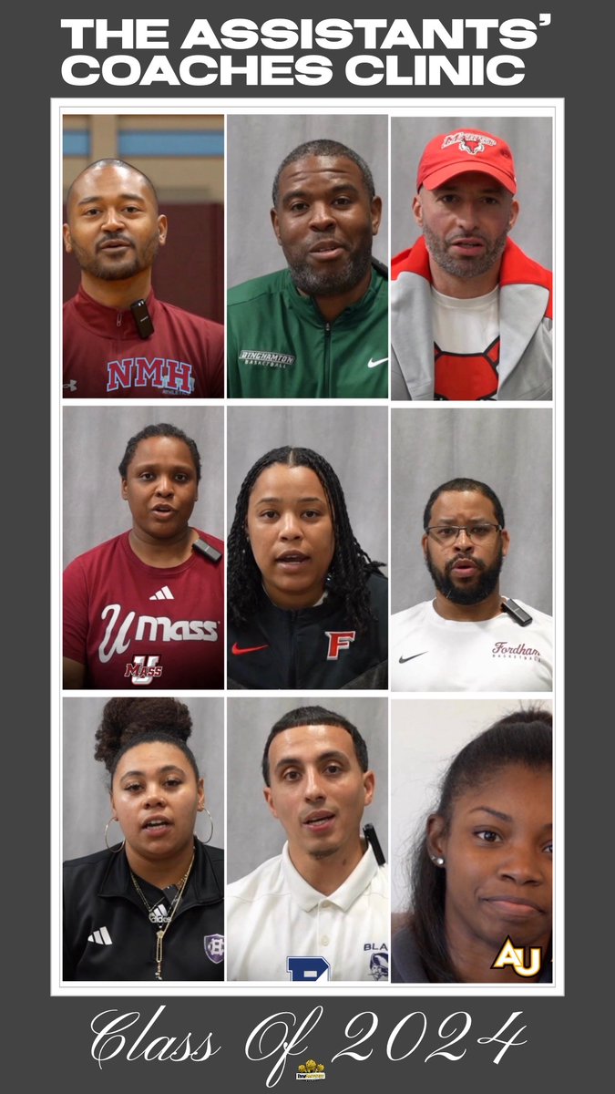 As the various basketball seasons begin, we like to acknowledge #theassistantscoachesclinic Class of 2024 clinicians

L-&gt; R (row 1)
<a href="/JelaniWilliams_/">Jelani Williams</a> 
<a href="/mguild83/">Marlon Guild</a> 
<a href="/CoachNickV/">Nick Volchok</a> 

(row 2)
@a10_sambam 
<a href="/CoachEBrown_/">Erika Brown</a> 
<a href="/Coachharris622/">Chris Harris</a> 

(row 3)
<a href="/Coach_Paige_/">Coach_Paige_</a> 
<a href="/CoachDeJesus33/">Coach DeJesus</a> 
<a href="/ZThybulle/">Zhaneia ‘Z’ Thybulle</a>
