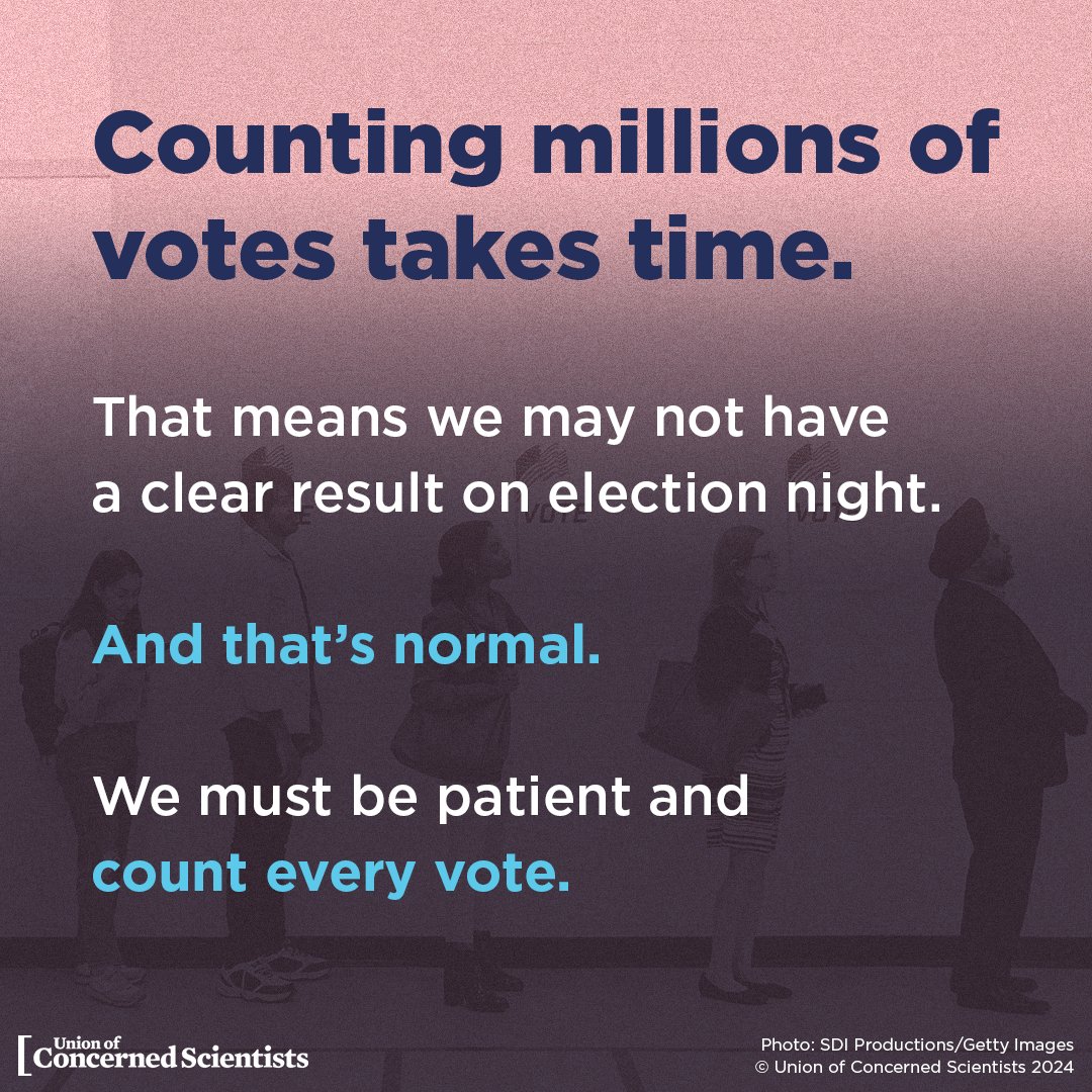 "Every eligible voter deserves to have their voice heard and their ballots counted. Counting millions of votes accurately takes time. Candidate vote totals will fluctuate as ballots are counted."

🗳️Learn more in UCS's Liza Gordon-Roger's blog: act.ucsusa.org/48BLIxF