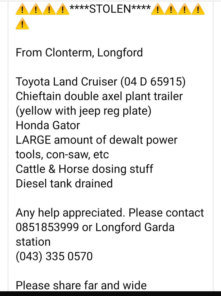 Stolen locally and last seen yesterday morning at 7 am Ashbourne Rd and heading east, Airport direction. Please share