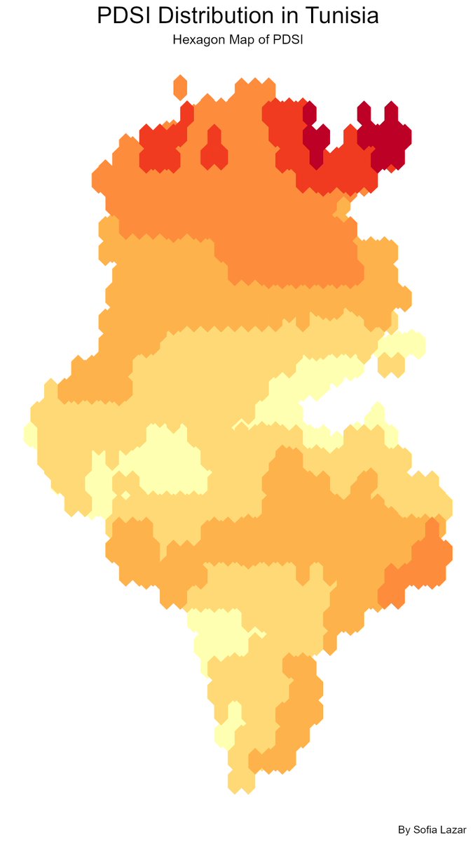 LAZARSofia1's tweet photo. Day-3: Hexagons #30DayMapChallenge
🌧️🇹🇳 #Precipitation and #PDSI hexagon map of #Tunisia, sourced from #TerraClimate data!
😎Mapping drought stress and water availability in a whole new way 🌍
#ClimateData #DataViz #R #Mapping #NorthAfrica #water https://t.co/A9CWVppuoL