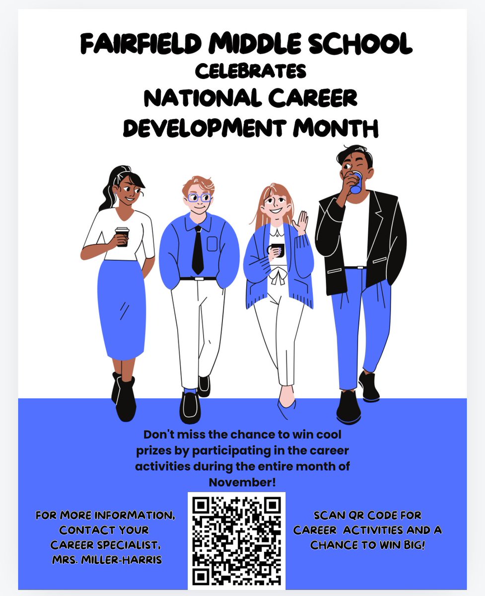 DMiller3374's tweet photo. 🚀 Excited to kick off National Career Development Month @FairfieldMiddle 🌟 This month, our students will explore career paths, build skills, and set goals for the future. Let’s empower the next generation to dream big and achieve even bigger! #CareerDevelopment  #FutureLeaders https://t.co/zoQVg18U4V