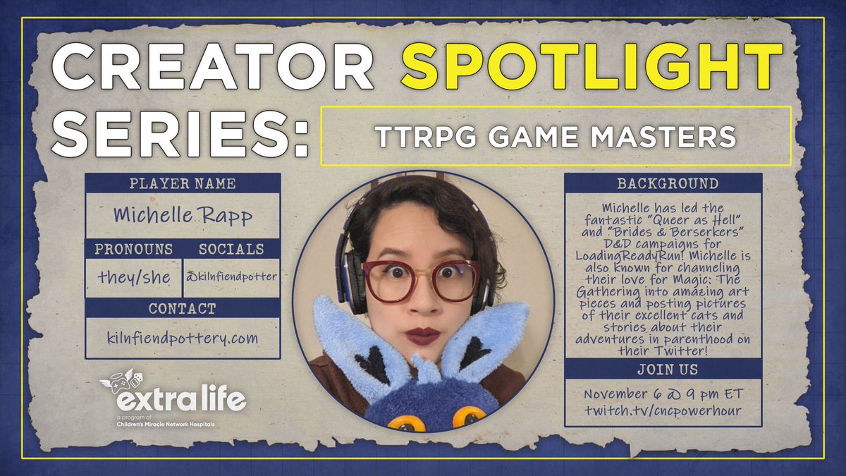 Our final guest is none other than @kilnfiendpotter! Michelle is an experienced GM who has managed both the Queer as Hell and Brides &amp; Berserkers campaigns with LoadingReadyRun! They're also a regular guest of our Magic Roundtables and are an absolute delight every time.