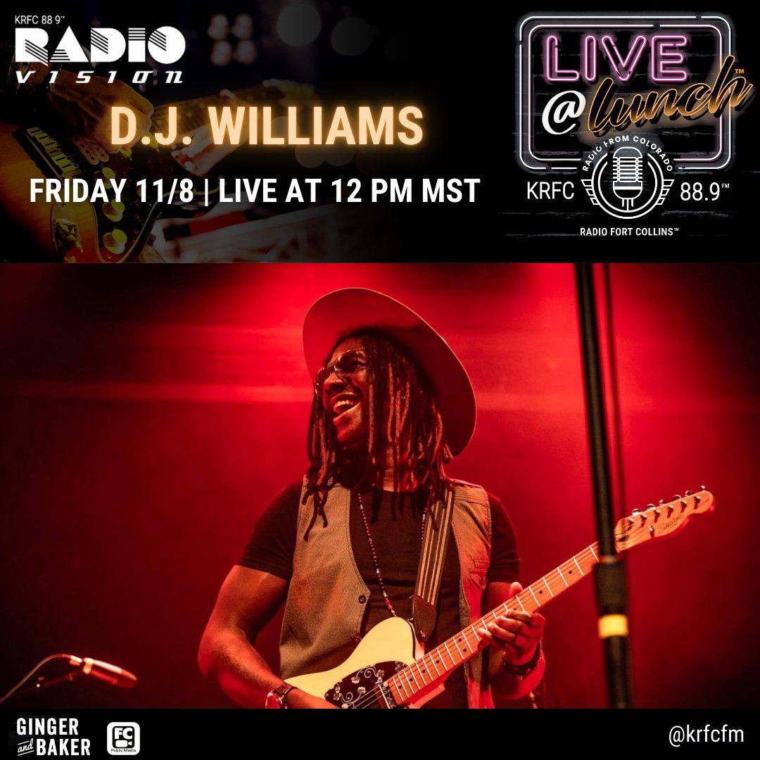 D.J. Williams is our guest on LIVE@LUNCH FRI 11/8 at 12PM!
How to Tune In?
KRFC 88.9 FM on your radio dial at 12PM (MST)
Facebook Livestream on KRFC Facebook Page facebook.com/KRFC889fm
Watch the replays on KRFC Radiovision Youtube Channel youtube.com/krfcradiovision
#krfcfm