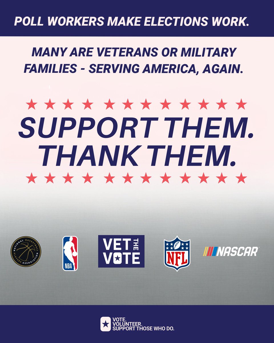 Happy Election Hero Day In a groundbreaking collab between 3 of America's most beloved pro sports leagues + the veteran &amp; military family community, 
<a href="/VetTheVote/">Vet the Vote</a> has successfully recruited more than 163,000 VMF to serve as poll workers! <a href="/NBA/">NBA</a> + <a href="/NFL/">NFL</a> + <a href="/NASCAR/">NASCAR</a> + <a href="/TheNBPA/">NBPA</a> 🇺🇸🎉