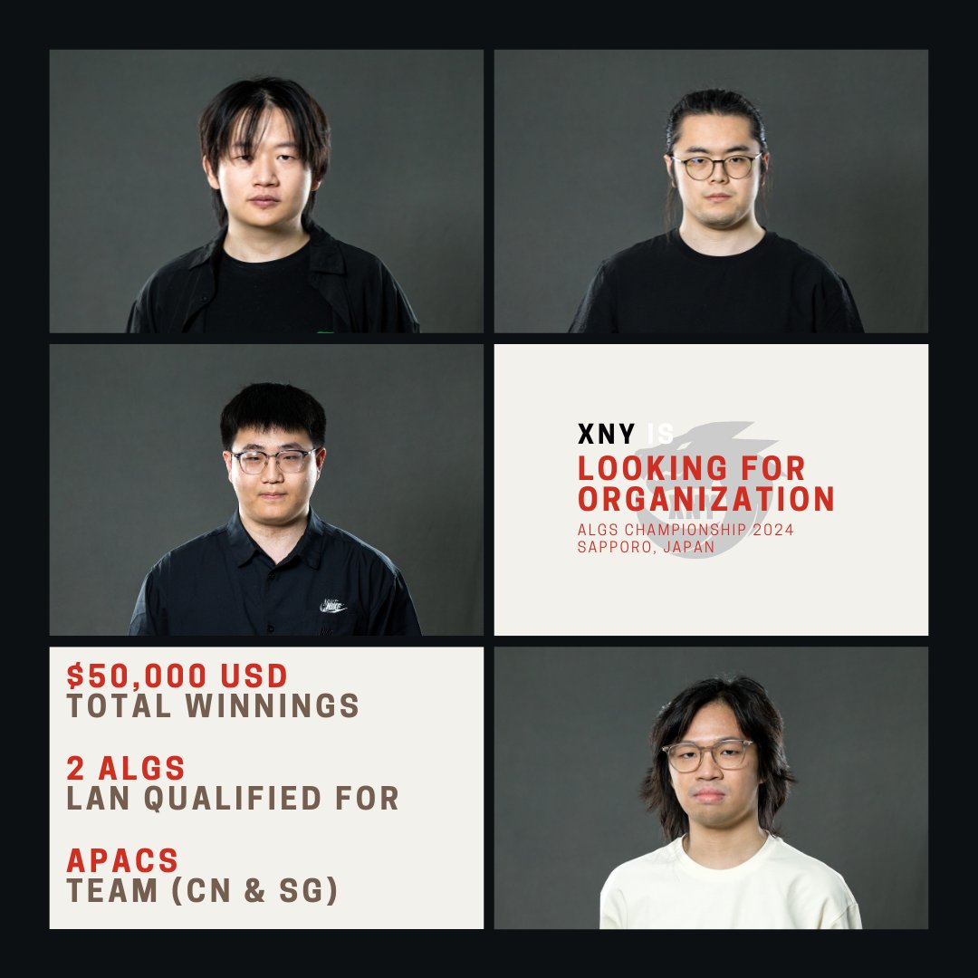 We are still looking for Org!  
Next stop, SAPPORO 🇯🇵 for ALGS Championship 2024
 
Notable achievements:  
📈     Most dominant team in Chinese Apex Circuit for the year of 2023-2024  

💶     Over $50,000 won, $20,000 this year alone

📺     &gt;5,000,000 combined views on Bilibili