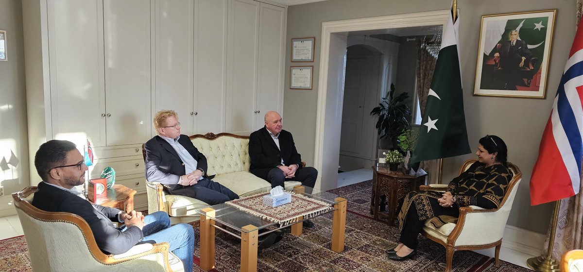 PakinNorway's tweet photo. CEO RIBI Energy Inge Hoemnes &amp; Chair @NorHydropowerAS Robert Storbekk accompanied by his CEO @RukhsarHamid9 met with Ambassador @saadiaqazi1 today at the Embassy. They discussed potential of collab with #minihydro &amp; #biogas energy SMEs in Pakistan. @sifcpakistan @ForeignOfficePk https://t.co/ngvfqgrx1D