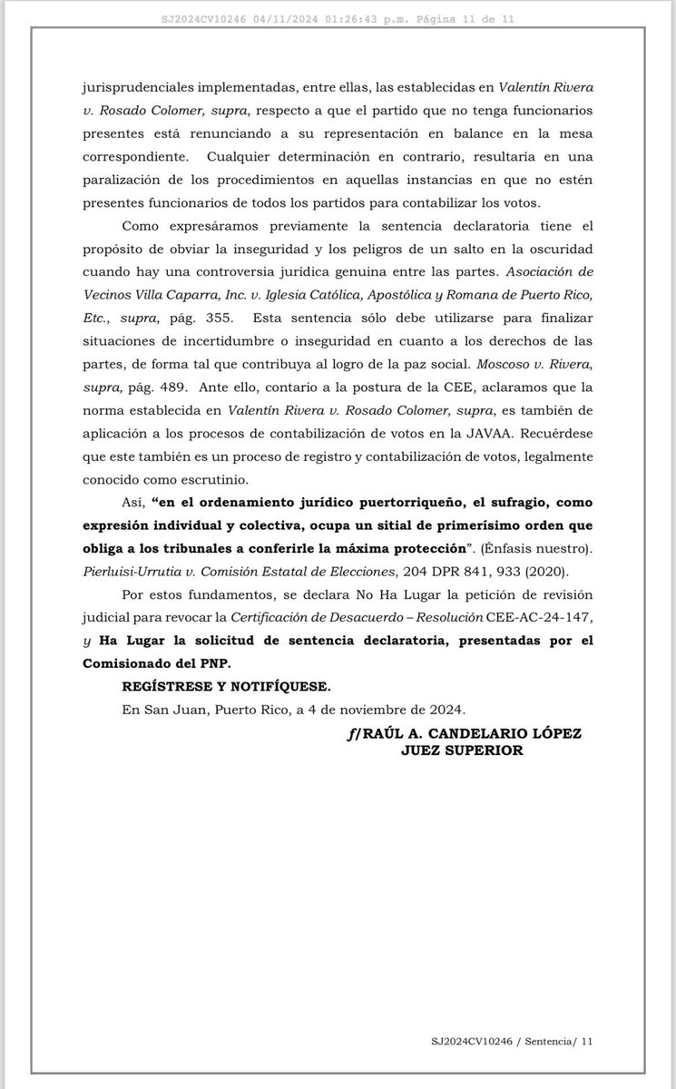 AHORA: Tribunal de Primera Instancia falla a favor del PNP y decide que el conteo del voto adelantado debe seguir ininterrumpidamente, aunque NO haya balance. “Se entenderá que los partidos que no tengan funcionarios presentes están renunciando a su representación en balance”,