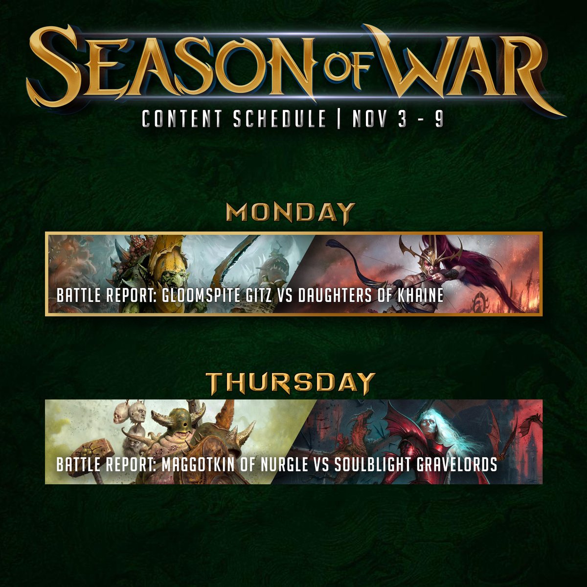 The action kicks off today with the Gloomspite Gitz battling against the Daughters of Khaine, exclusively for channel members. Then we have the Maggotkin of Nurgle hoping to spread their rot against the Soulblight Gravelords later this week!