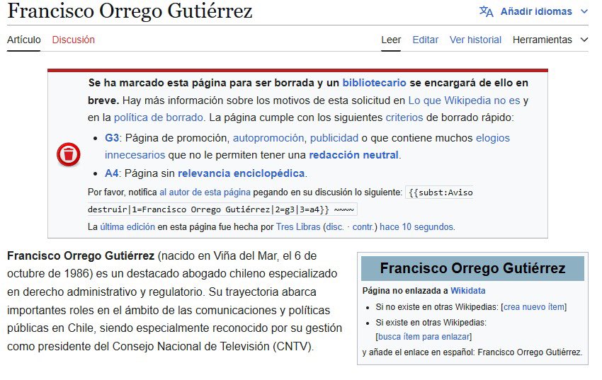amunozsilva's tweet photo. El fracasado @PanchoOrregoG  se hizo una pagina en Wikipedia elogiándose por hacer absolutamente nada y se la borraron por Perkin jajakakakakjajajajajajajjajajajajajja https://t.co/Uh5BEd1qC7