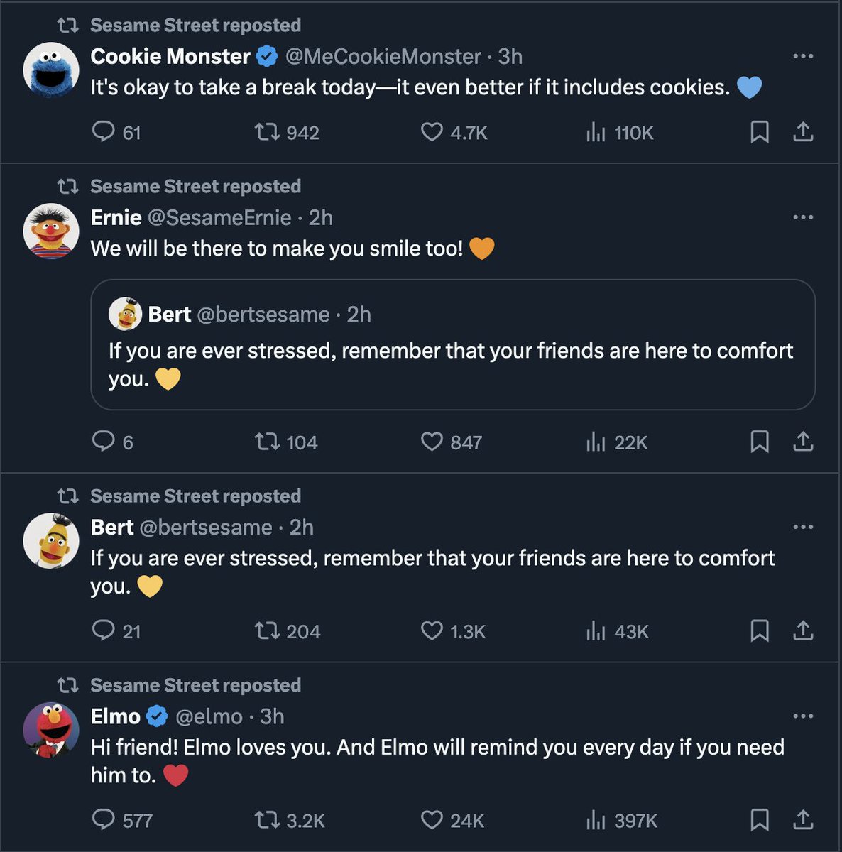 You know we're in a stressful spot when the entire cast of Sesame Street has to tweet comforting thoughts at the same time.