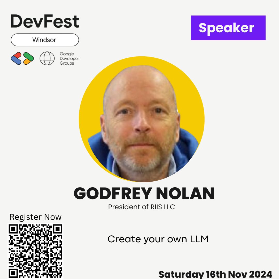 The fifth annual Windsor-Essex DevFest is coming up soon. RIIS President Godfrey Nolan will be speaking about how to create your own LLM. Be there on Saturday, November 16. ow.ly/wBCS50TZtP0