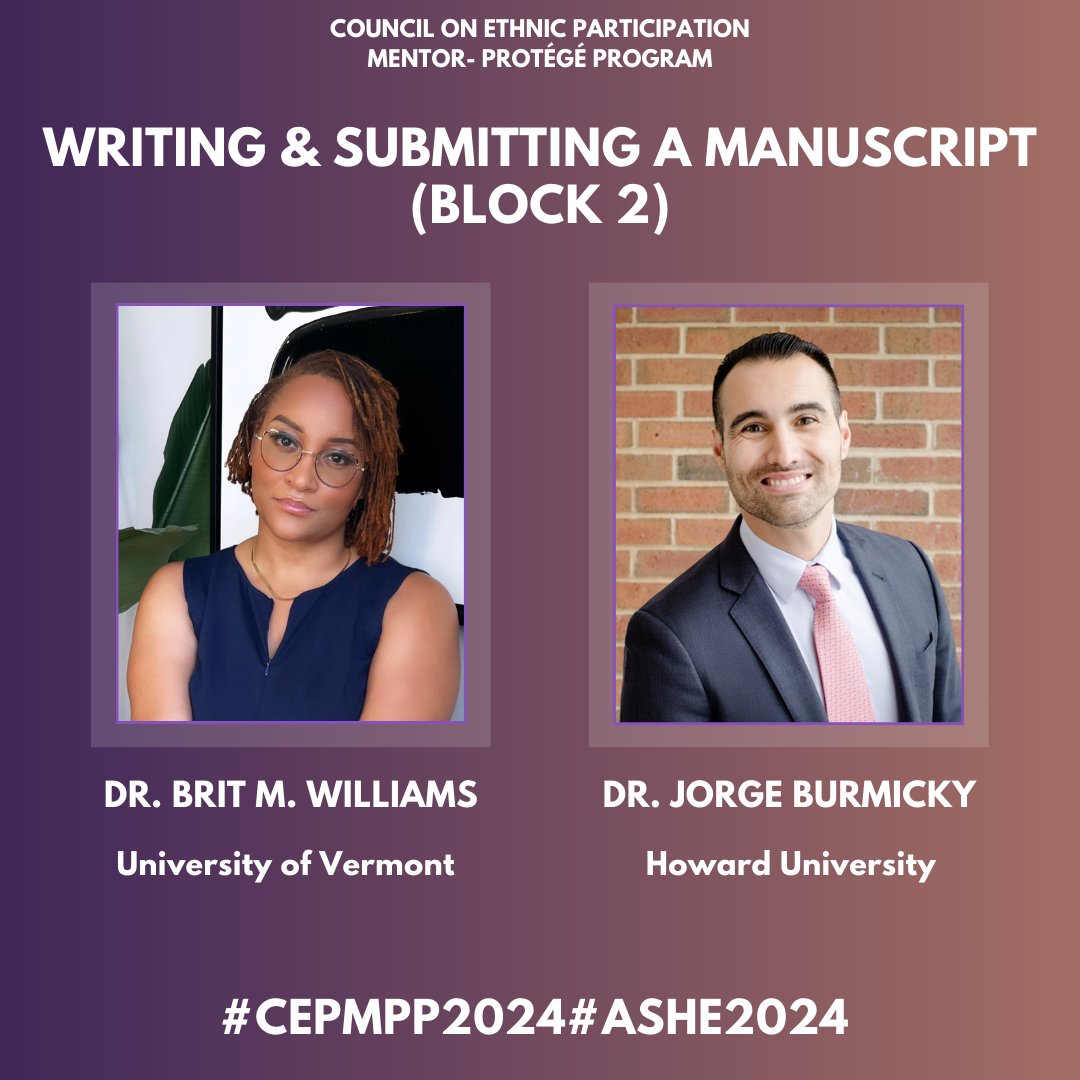 ASHE CEP_MPP (@cep_mpp) on Twitter photo Let's chat about manuscripts!
This Friday, we'll have TWO sessions on writing manuscripts led by <a href="/ant_duran/">Antonio Duran, PhD</a>, @JorgeBurmicky, <a href="/DrBritWilliams/">@DrBritWilliams on 🦋sky</a>, and Dr. Bermea!
Bring your questions!
#CEPMPP2024 #ASHE2024 Let's chat about manuscripts!
This Friday, we'll have TWO sessions on writing manuscripts led by <a href="/ant_duran/">Antonio Duran, PhD</a>, @JorgeBurmicky, <a href="/DrBritWilliams/">@DrBritWilliams on 🦋sky</a>, and Dr. Bermea!
Bring your questions!
#CEPMPP2024 #ASHE2024