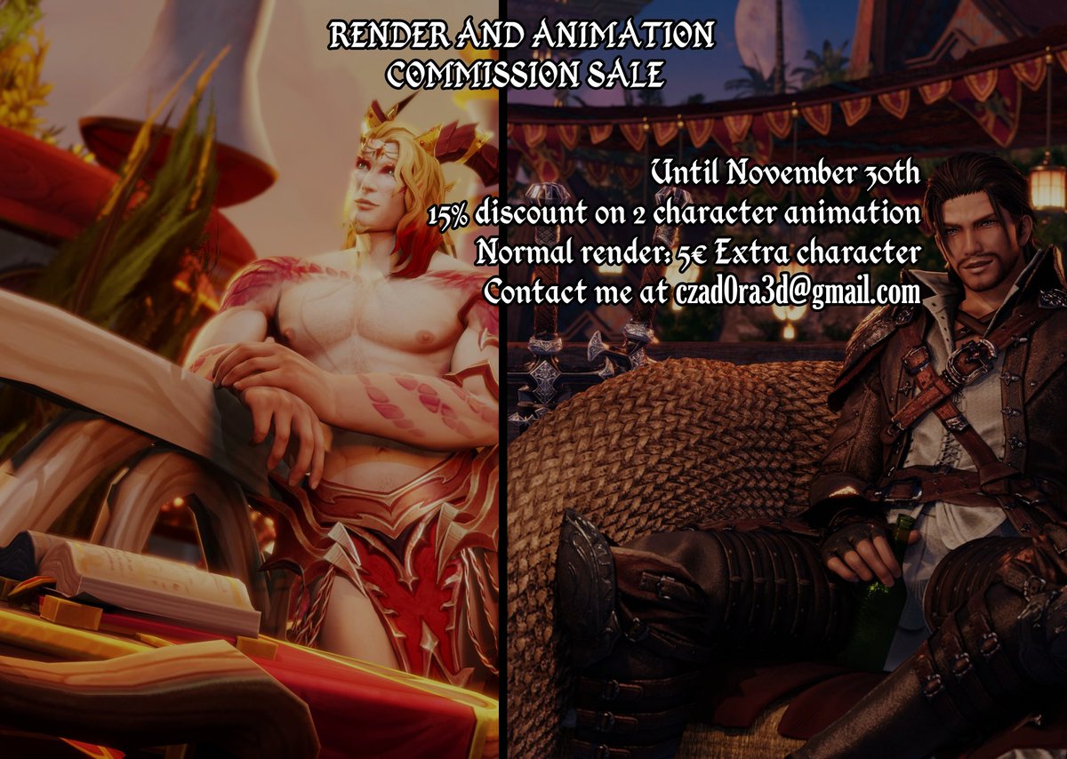 Render and animation *forbidden words!*
Until November 30th
-15% on 2 character animations
5€ for extra characters in normal renders
contact: czad0ra3d*gmail*com

I appreciate RT!! ♥