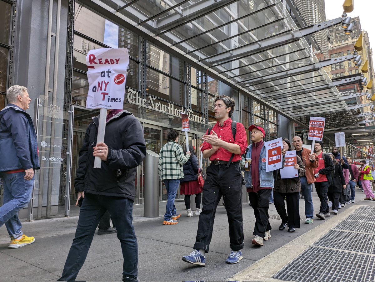 WALK WITH US: Our picket line is underway outside <a href="/nytimes/">The New York Times</a> on the Eighth Avenue side of the building. Come join us and show <a href="/nytimes/">The New York Times</a> that you support us, the workers. 

You can also support our strike fund by donating here:
gofundme.com/f/nyt-tech-str…