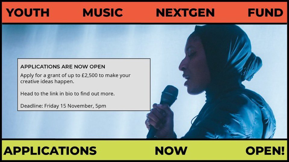 The <a href="/YouthMusic/">Youth Music</a> NextGen Fund is now open! 

Apply for up to £2,500 to support your creative project! 

Deadline: 15th November 

Find out more and apply here 👉 bit.ly/3C0W2mt