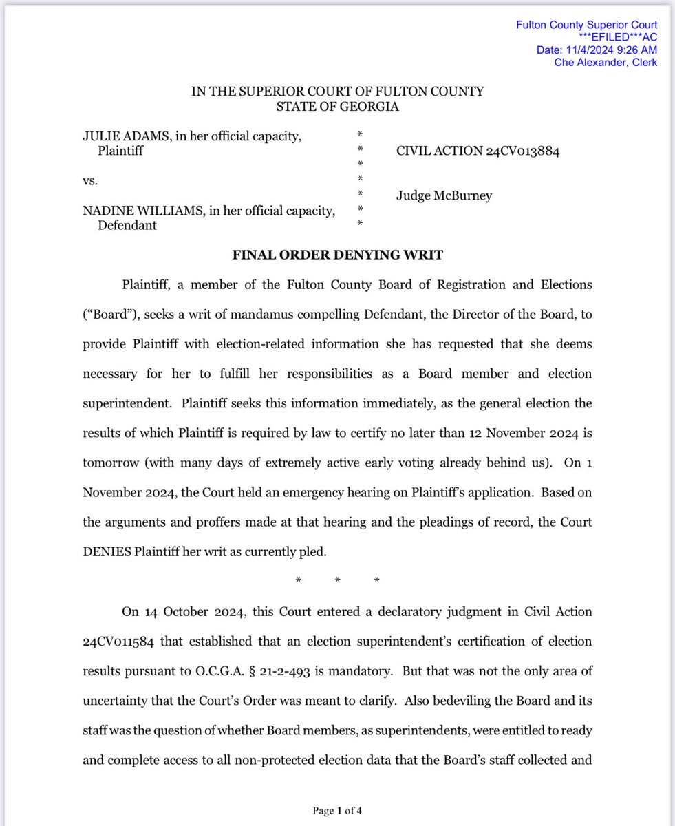 JoyceWhiteVance's tweet photo. A Georgia judge has slapped down a second request by a GOP official in Fulton County to set up a scenario where she could refuse to certify election results or interfere in other ways. https://t.co/AmwhtYrcMr