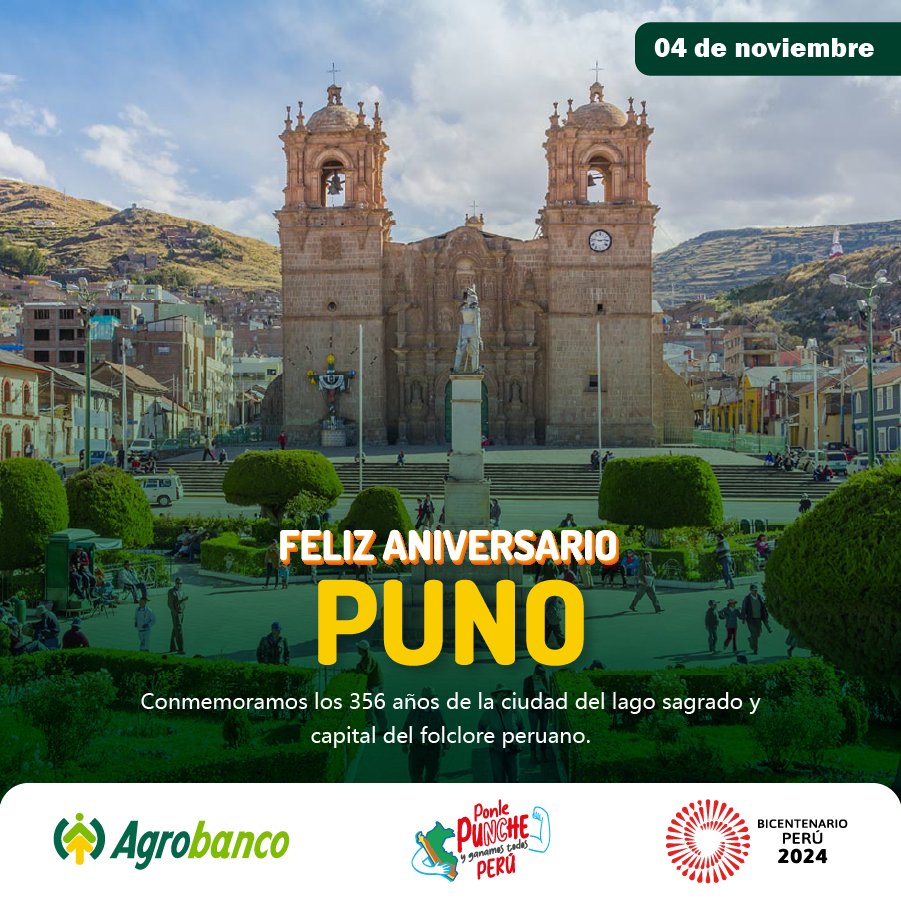 ¡Feliz 356 aniversario, Puno! 🎉

Desde Agrobanco, saludamos a nuestros pequeños productores puneños, quienes con esfuerzo y dedicación impulsan el desarrollo agropecuario de la emblemática "Ciudad del lago sagrado y capital del folclore peruano".

¡Vamos por más! 💚

#puno