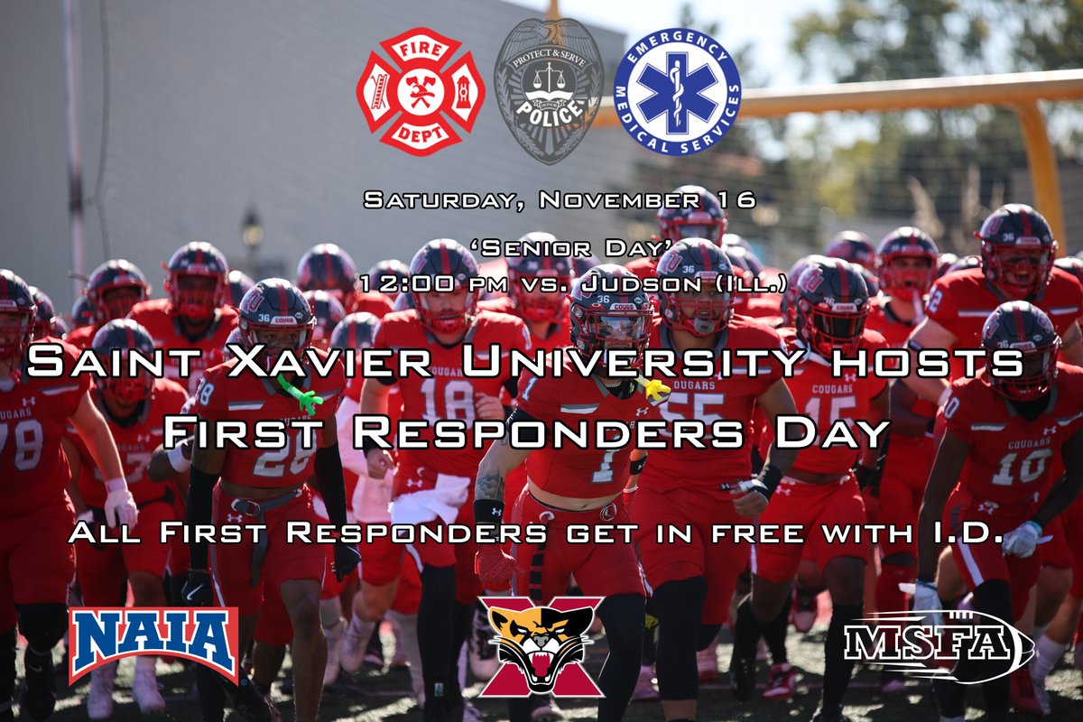 SXU Athletics (@sxuathletics) on Twitter photo SXU Athletics is hosting 'First Responders Day' on Saturday, November 16 when <a href="/SXUFootball/">SXU Football</a> plays Judson (Ill.) at Noon! #GoCougs🐾🏈 #WeAreSXU SXU Athletics is hosting 'First Responders Day' on Saturday, November 16 when <a href="/SXUFootball/">SXU Football</a> plays Judson (Ill.) at Noon! #GoCougs🐾🏈 #WeAreSXU