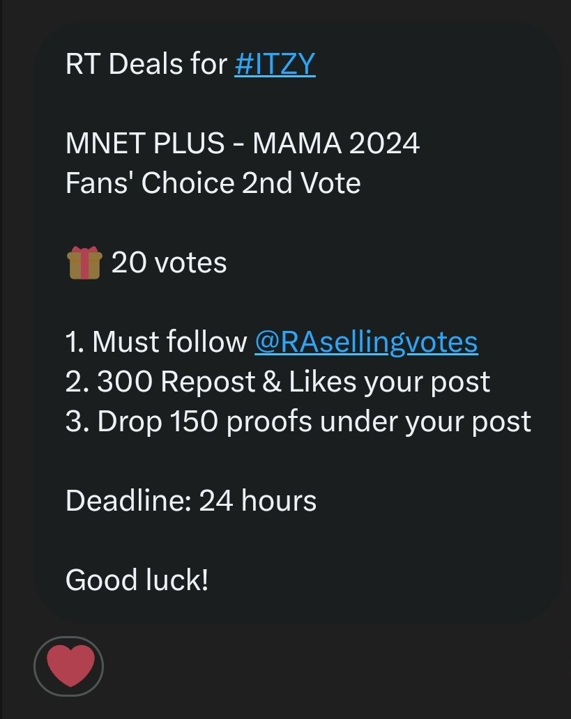80_Mimi_4's tweet photo. RT Deals for #ITZY
MNET PLUS - MAMA 2024 Fans' Choice 2nd Vote
🎁 20 votes

1. Must follow @RAsellingvotes

2. 300 Repost &amp; Likes your post

3. Drop 150 proofs under your post

Deadline: 24 hours
Let's go #MIDZY, we can do it !

#ITZY #있지 https://t.co/3Bei5QkYRf