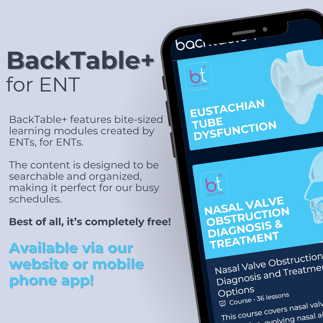 BackTable ENT (@_backtableent) on Twitter photo Surprise! We have launched BackTable+, an free innovative collection of #MedEd modules about ENT fundamentals, featuring your favorite guests!
Start learning: plus.backtable.com/pages/ent
<a href="/AAOHNS/">AmAcadOtolaryngology</a> <a href="/gopibshah/">Gopi Shah MD</a> <a href="/TheAuricle_Oto/">The Auricle</a> <a href="/ototrainees/">ototrainees</a> <a href="/headmirror_com/">Headmirror.com</a> <a href="/DrEricGant/">Eric Gantwerker MD MMSc (MedEd) FACS AFAMEE</a> <a href="/rfjohnson77/">Romaine F. Johnson, MD MPH FACS</a> Surprise! We have launched BackTable+, an free innovative collection of #MedEd modules about ENT fundamentals, featuring your favorite guests!
Start learning: plus.backtable.com/pages/ent
<a href="/AAOHNS/">AmAcadOtolaryngology</a> <a href="/gopibshah/">Gopi Shah MD</a> <a href="/TheAuricle_Oto/">The Auricle</a> <a href="/ototrainees/">ototrainees</a> <a href="/headmirror_com/">Headmirror.com</a> <a href="/DrEricGant/">Eric Gantwerker MD MMSc (MedEd) FACS AFAMEE</a> <a href="/rfjohnson77/">Romaine F. Johnson, MD MPH FACS</a>