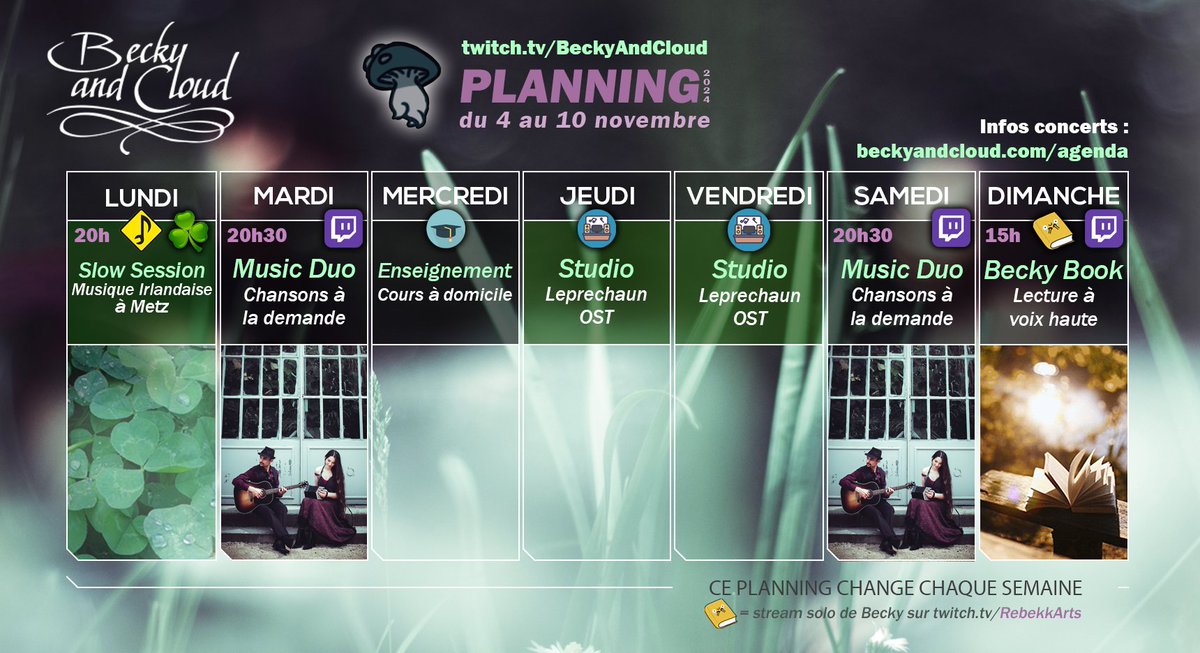 BeckyAndCloud's tweet photo. Cette semaine 2 livestreams musicaux, 1 autre de  lecture, la slow session de Metz, des cours et du studio !

Infos :
► STREAMS : https://t.co/krNUk54Fpk
► CONCERTS : https://t.co/Ia2T8ALVhJ 

#Twitch #TwitchPartners https://t.co/SJSB4h0Sbq
