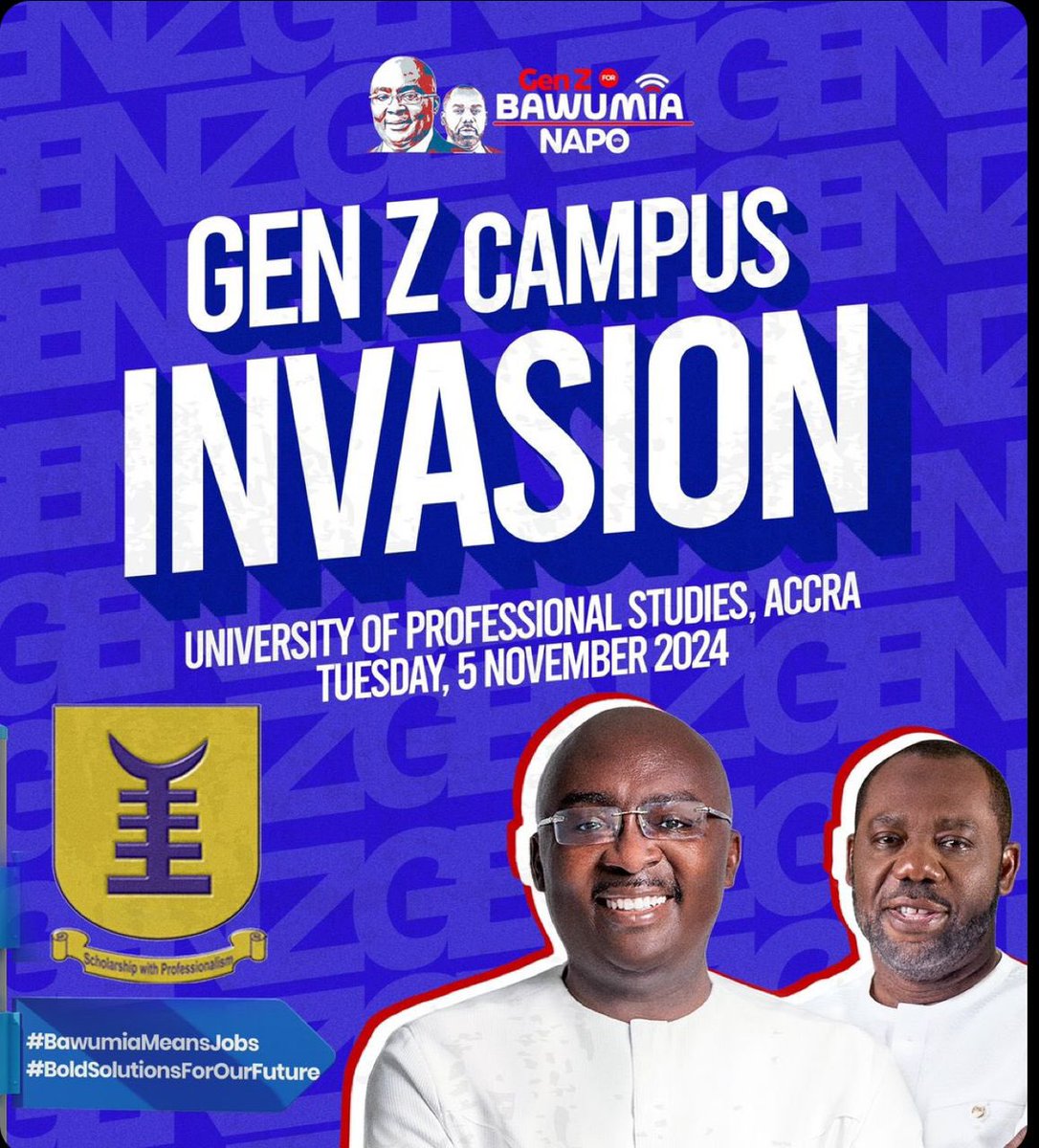 ayesuasiamah's tweet image. We’re kicking off our ❞𝗚𝗲𝗻 𝗭 𝗖𝗮𝗺𝗽𝘂𝘀 𝗜𝗻𝘃𝗮𝘀𝗶𝗼𝗻❞  this Tuesday at 🎯UPSA! 
We’re focused on educating our peers on the importance of voting Dr. @MBawumia on Dec 7. Let’s make a difference together! 

#VoteBawumia #BoldSolutionsForOurFurture 
#GenZVotes