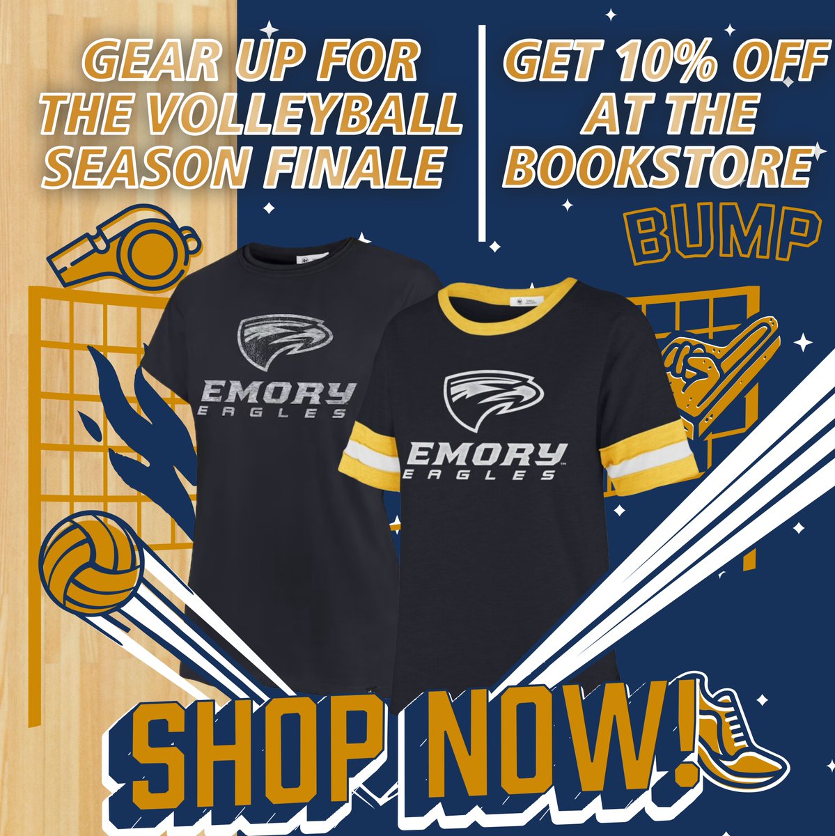 Emory Athletics (@emoryathletics) on Twitter photo ๐๐จ๐ฆ๐ ๐ฌ๐ก๐จ๐ฐ ๐ฒ๐จ๐ฎ๐ซ ๐ฌ๐ฉ๐ข๐ซ๐ข๐ญ ๐ฃ
From November 6th to November 20th, use code ๐๐๐๐๐๐๐๐ for 10% off at the bookstore and coupons will be available for the first 250 fans at the Volleyball match on Friday, November 8th.
#FlyHigher ๐๐จ๐ฆ๐ ๐ฌ๐ก๐จ๐ฐ ๐ฒ๐จ๐ฎ๐ซ ๐ฌ๐ฉ๐ข๐ซ๐ข๐ญ ๐ฃ
From November 6th to November 20th, use code ๐๐๐๐๐๐๐๐ for 10% off at the bookstore and coupons will be available for the first 250 fans at the Volleyball match on Friday, November 8th.
#FlyHigher