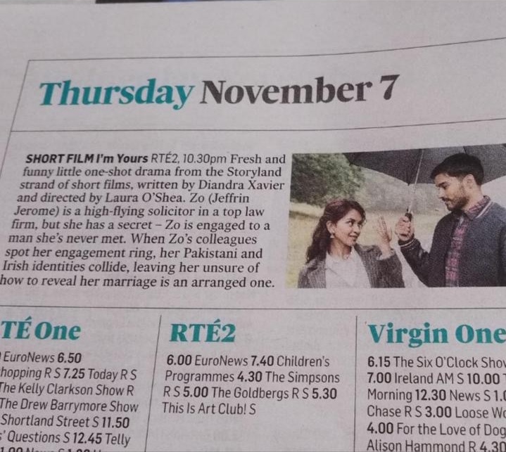 deadpanpictures's tweet image. 3 days until I&apos;m Yours airs on RTÉ2, November 7th at 10:30pm!

We are also delighted that I&apos;m Yours is pick of the day in The Irish Times and The Irish Independent 😎

Writer: Diandra Xavier 
Director: Laura O&apos; Shea 
Producers: Paul Webster &amp;amp; Nathan Griffin Production