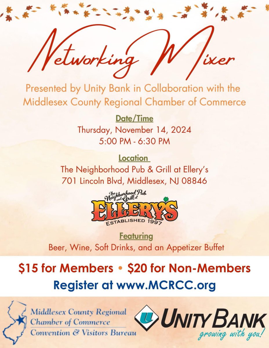 Expand your network and connect with local businesses at the November Networking Mixer, hosted in partnership with Unity Bank, on Thursday, November 14 at Ellery's Grill &amp; Pub in Middlesex!

Register at mcrcc.org/event/november…