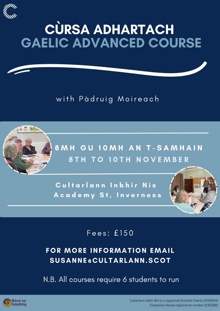 Cultarlann Inbhir Nis (@cultarlann) on Twitter photo ‼️ Tha àitichean fhathast air fhàgail air an Cùrsa Adhartach an deireadh sheachdain seo!
There are still spaces left on our Gaelic Advanced Course this weekend! Email susanne@cultarlann.scot if you are interested 📩
#gaelic #gàidhlig #learngaelic #inverness ‼️ Tha àitichean fhathast air fhàgail air an Cùrsa Adhartach an deireadh sheachdain seo!
There are still spaces left on our Gaelic Advanced Course this weekend! Email susanne@cultarlann.scot if you are interested 📩
#gaelic #gàidhlig #learngaelic #inverness