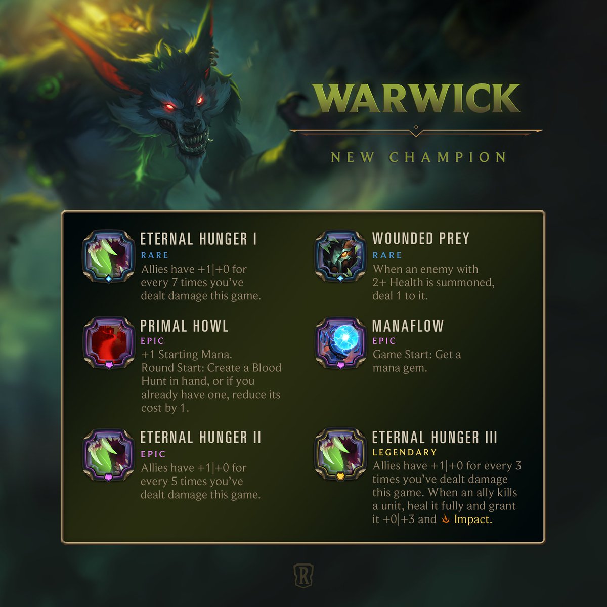 PlayRuneterra's tweet image. Satisfy your eternal hunger with Warwick in patch 5.11, dropping Nov. 6!