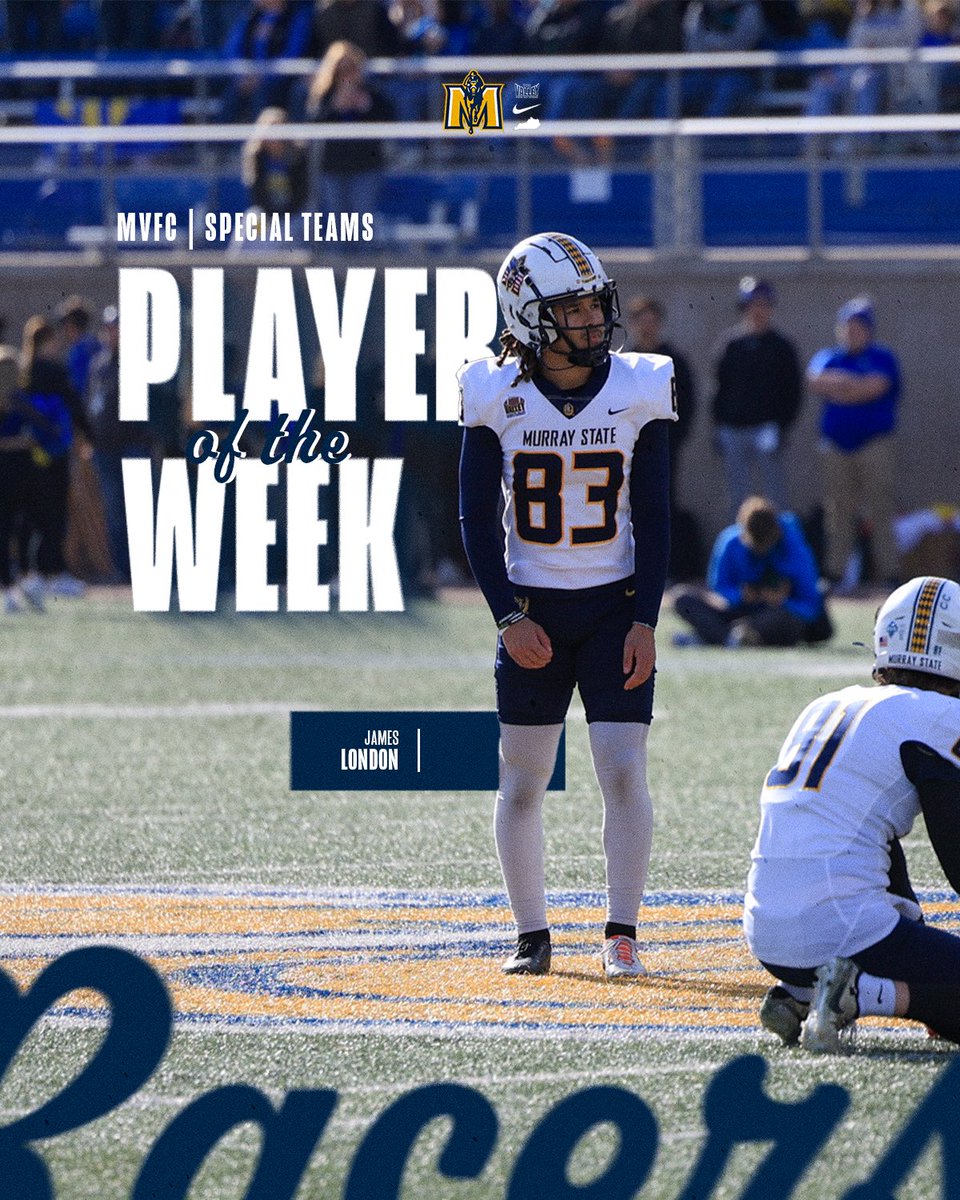 .<a href="/ValleyFootball/">Valley Football</a> 𝗦𝗽𝗲𝗰𝗶𝗮𝗹 𝗧𝗲𝗮𝗺𝘀 𝗣𝗹𝗮𝘆𝗲𝗿 𝗼𝗳 𝘁𝗵𝗲 𝗪𝗲𝗲𝗸 🏆

👉 Career best 55-yard Field Goal
👉 2 for 2 on Field Goal attempts
👉 First player in Murray State history with five 50+ yard field goals

#GoRacers🏇 | <a href="/JamesLondonJr29/">James London 5 ⭐️ Kicker</a>